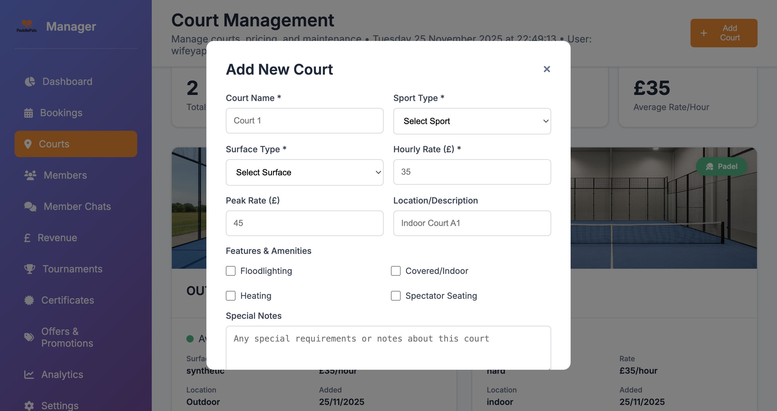 Add Court Form - Create Bookable Court