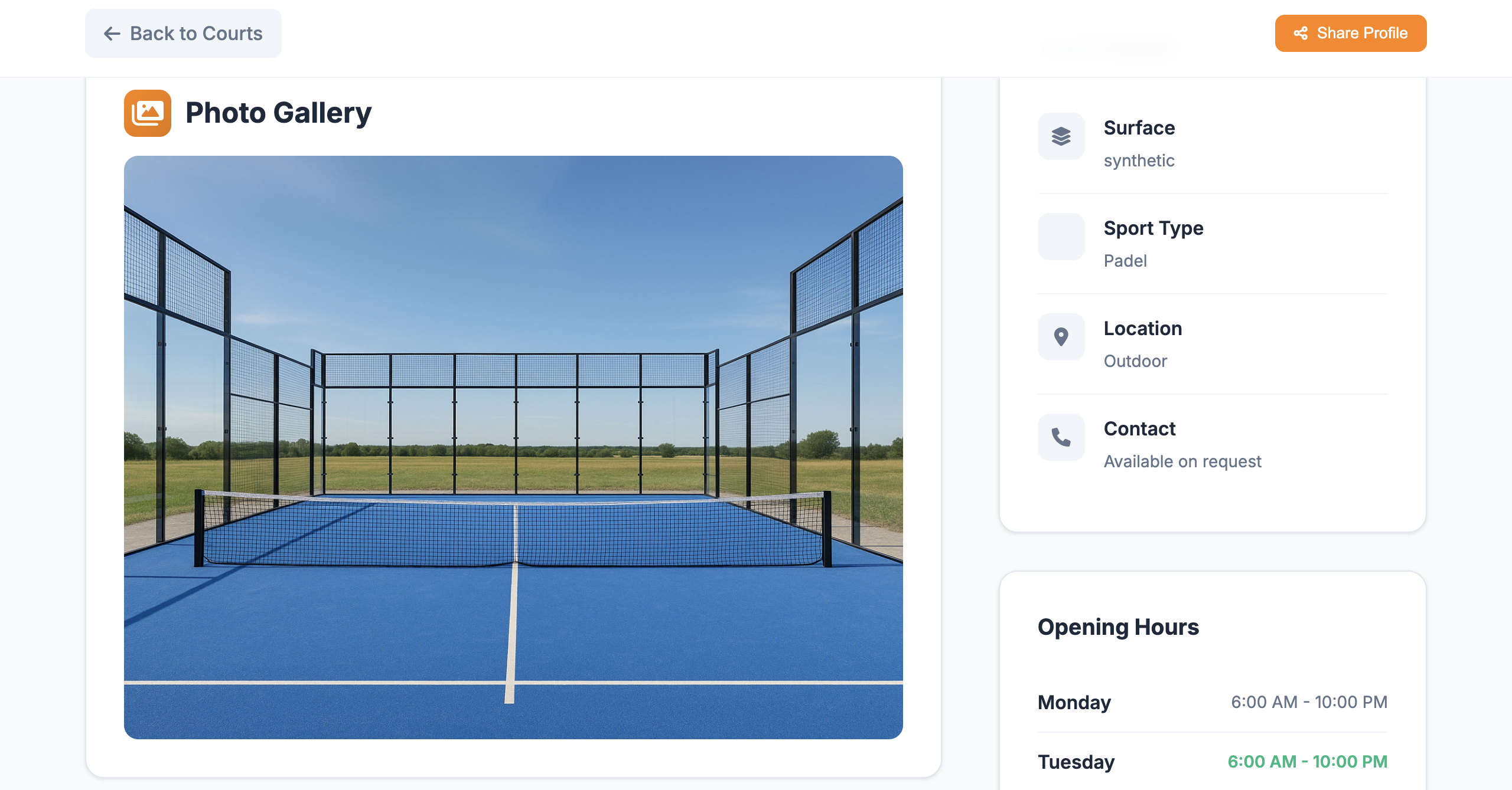 Court Profile Surface & Contact Details