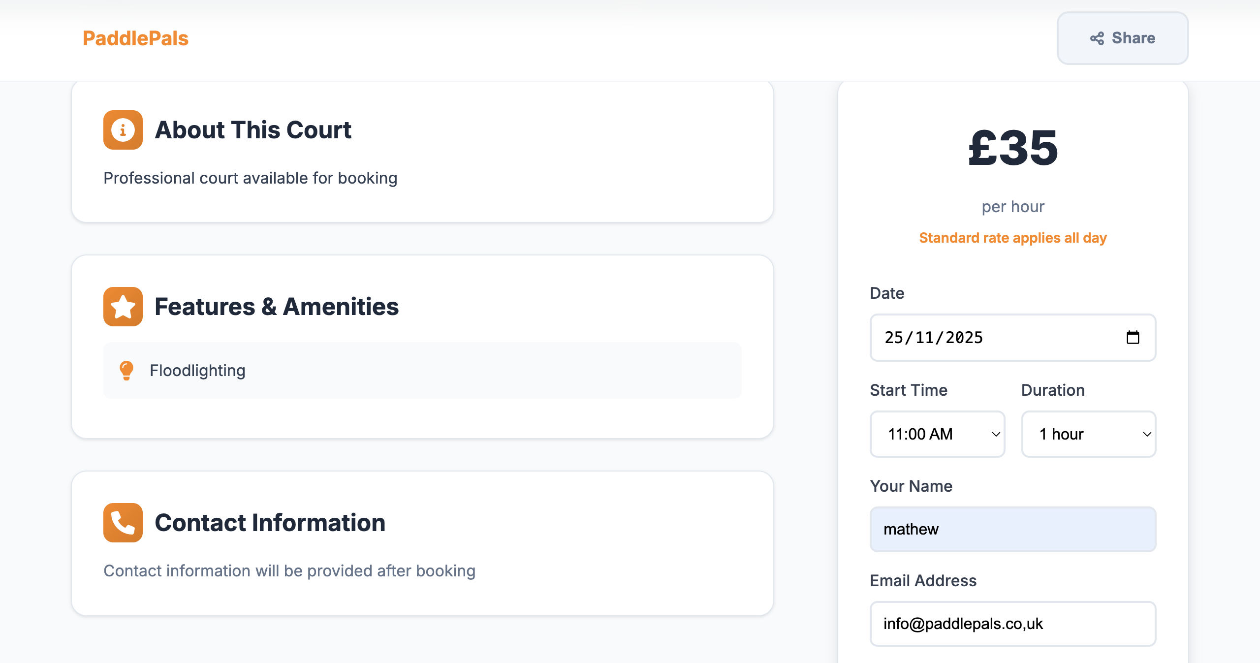 Shareable Court Profile with Stripe Booking
